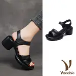 【VECCHIO】真皮涼鞋 粗跟涼鞋/真皮頭層牛皮魚口露趾時尚粗跟涼鞋(黑)