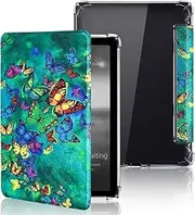 MOKASE Case for 7 inch Kindle Paperwhite (12th Generation, 2024) & Kindle Colorsoft Signature Edition, Flexible Clear TPU Bumper PU Leather E-Reader Cover with Smart Auto Wake/Sleep, Green Butterflies