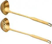 Soup Ladle 2 Pieces Gold Metal Soup Ladle Colander Set Long Handle Stainless Steel Kitchenware Cookware Serving Spoon Cooking Bowl ladle