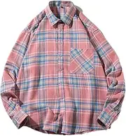 [Sweejim] Men's Plaid Long Sleeved Shirt Single Breasted Shirts Chest Pocket Turn-Down Collar Shirts