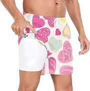 [GuoChe] Swimming Shorts for Men Mens 2 in 1 Workout Shorts Valentine's Day Doodle Pink Hearts Beige with Compression Liner, Valentine's Day Doodle Pink Hearts Beige, Large