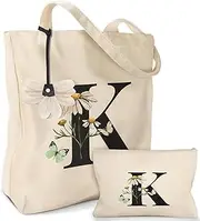 [Miss Adola] Aesthetic 2 Pack Canvas Tote Bag - with Makeup Pouch Bag for Women Reusable Grocery Bag for Gym, Travel, Work