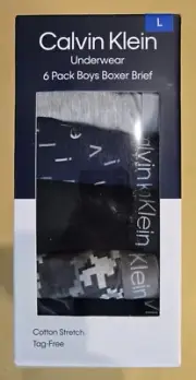 NEW Calvin Klein Boys 6 Pk Cotton Strech Boxer Briefs, L Waist Size 26-27 Inch
