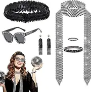 7Pcs 70s Disco Accessories Set, 1970 Disco Costume Set, Fancy Kit Sunglasses Scarf Earrings Ring Bracelet Headband for Retro Party Festival Themed Events Women Men