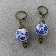 CHINOISERIE Porcelain Bead Dangle Earrings Antique Bronze Tone Leverback Blue