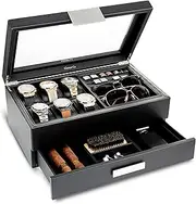 Glenor Co Valet Jewelry Box for Men - Holds 6 Watches, 12 cufflinks, 2 Sunglasses, Drawer & Tray Storage - Watch Case - Carbon Fiber design Organizer w Metal Accents & Large Glass Lid - Black
