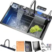 Integrated Digital Display Kitchen Sink Flying Rain Cold Hot Water Faucet Set 304 Stainless Steel Double Waterfall Singl