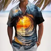 Men's Optical Illusion Ocean Sunset Summer Hawaiian Shirt Button Up Shirt Aloha Shirt Short Sleeve Hawaiian Vacation Beach Wear Summer Spring Turndown 3D Print