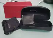 SALVATORE FERRAGAMO LARGE Sunglasses Black LEATHER Clamshell Case+Cleaning Cloth