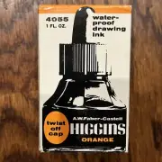 VTG Higgins Orange Glass Drawing Ink Bottle In Original Box, 1960s Faber-Castell