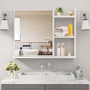 Bathroom Mirror with Storage Shelf 31 x 24.4 Inch Modern Rectangle Wall Mirror for Bathroom, Metal Framed Bathroom Vanity for Over Sink/Entrance (White)