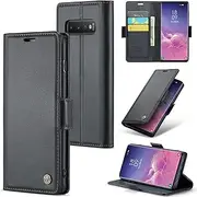 [ELEPIK] for Galaxy S10 Plus Case with Card Holder, Kickstand [3 Card Holder + 1 Cash Slot] [Durable PU Leather] Magnetic Wallet Phone Cover for Samsung Galaxy S10 Plus, Fashion Black