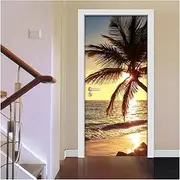 Door Stickers Waterproof Self-Adhesive DIY Door Sticker Sunrise Beach Landscape 3D Photo Wallpaper Wall Decals Bedroom Wall(95x215cm)