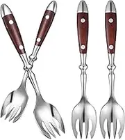 MUCKLILY Salad Server Set 4-Piece Stainless Steel Sporks Wooden Handle Mix Forks for Salad Dessert Rice and Fruit