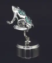 SWAROVSKI EMERALD COLOR CRYSTAL STUDDED FROG SPINNING MUSIC BOX SILVER PLATED
