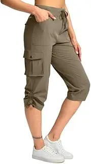 [Pudolla] Women's Cargo Capri Pants Lightweight Quick Dry Hiking Pants Summer Travel Casual Capris with 5 Pockets