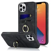 For iPhone Xr Xs 14 13 12 11 Plus Pro Max Case, 360 Rotation Ring Kickstand PU Leather, Black - iPhone 12 Pro