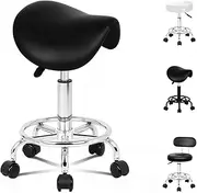 [ALFORDSON] Salon Stool Saddle Swivel Drafting Rolling Stools in 50-64.5cm Height Adjustable PU Leather Spa Stool with Footrest Wheels Hair Dress Backless Barber Chair for SPA Massage (Sierra Black)