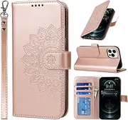 [Cavor] Wallet Case for iPhone 12, iPhone 12 Pro 6.1'' PU Leather Case Magnetic 3D Embossed Flower Women Flip Kickstand with Card Holder Wristlet Hand Strap Protective Cover-Flower Rose Gold