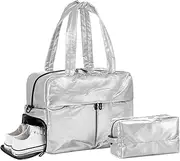 [DTGN] Travel Duffel Bag for Women, 30L Weekender Bag, Gym Bag with Shoes Compartment with Toiletry Bag for Trip Camping, Silver