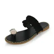 Nevenka Pearls Pineapple Sandals Summer Comfort Clip Toe Flat Slippers-Black