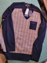 Brooks Brothers Pullover Sweater Mens L Navy Houndstooth Merino Wool V Neck