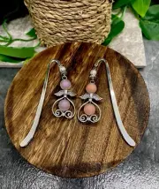 2 PC 3.5" Handmade Silver-tone Metal Hook Bookmark Set Beaded Charm Angel 39
