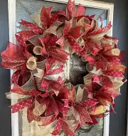 Elegant Burgundy & Gold Christmas Deco Mesh Front Door Wreath Decoration Decor