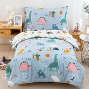 DJY 4 Pieces Cotton Toddler Bedding Set, Dinosaur Toddler Bed Comforter Set for Boys Girls, Includes Blue White Reversible Comforter, Flat Sheet, Fitted Sheet and Pillowcase