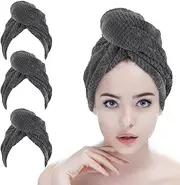SINLAND Microfiber Hair Drying Cap Hair Towel Turban Twist for Women Fast Drying Towels Head Turban Absorbent Soft Lightweight 3 Pack Grey