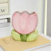 ANJIAOSHOU 1Pcs Decorative Pink Tulips Ceramic Storage Bin, Multi-functional Makeup Brush Organizer, Pen Holder, Vase