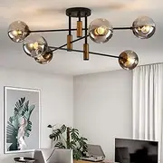 Anyuainiya 6-Light Glass Globe Modern Sputnik Chandelier, Matte Black and Gold Living Room Ceiling Light Fixture Vintage Hanging Chandeliers for Dining Room Living Room Bedroom Farmhouse