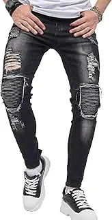 [Qolkmuiy-GJ] Men's Slim Fit Comfort Stretch Jeans Ripped Skinny Denim Pants Patch Distressed Straight Leg Jeggings