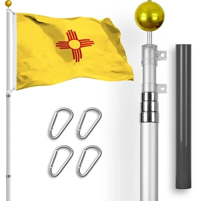 Combo: 16Ft Telescoping Flagpole Silver & New Mexico NM Flag 3x5Ft Emb Spun Poly