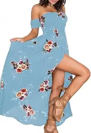 [SVALIY] Women Floral Off The Shoulder Split Chiffon Maxi Beach Dress Wedding Party
