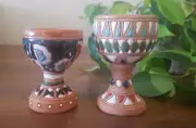 Set of 2 Greek Egg Cups Handmade Clay Terracotta Pottery w/ Enamel Artist Signed