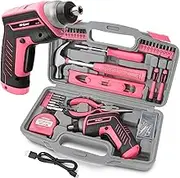 Hi-Spec 35pc Pink Household DIY Toolkit with 3.6V USB Electric Screwdriver and Bit Set for Women. Small Tool Box Set of Starter Basic Ladies Tools for Home & Office Repair and Maintenance
