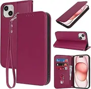 for iPhone 15 Plus 14 Plus Case Leather Wallet Magnetic Flip Cover with Wrist Strap Card Holders SunYoo Case RFID Blocking Porte Feuille Portefeuille Coque étui for iPhone 14Plus 15Plus Femmes Red
