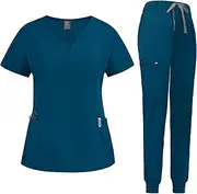 [niaahinn] Scrub Suit Set for Women Modern V-Neck + Leg Drawstring Jogger Pants Medical Nursing Uniforms Set
