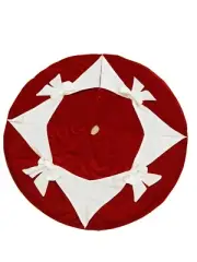 Large 46 In Red White Velvet Ribbons Circle Square Christmas Tree Skirt.