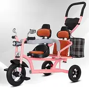 Tandem Tricycle,Dual Seats with Sponge guardrail and backrest,Parent Push Trike,Ride-on Bike with Pedals,3 Wheels Bicycle,Tricycle with Headlight