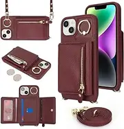 for iPhone 13/14 Crossbody Case with Card Holders Money Slots Zipper Coin Purse Rotatable Ring Kickstand Cover Wristlet Strap Lanyard Litchi Leather Wallet Cover for iPhone13 iPhone14 Wine