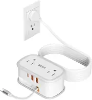 Travel Power Strip Flat Plug with Retractable USB C Cable 5 FT Short Extension