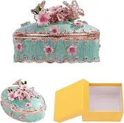 [Veool] Jewelry Organizer Box Crystal Trinket Jewelry Storage Case Hinged Hand-Painted Cherry Blossom Butterfly Oval Decorative Display Containers Gift Box for Necklaces Bracelets Rings Earrings (Blue)