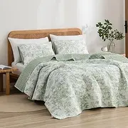 Wonderful Sage Green Floral Quilt Set Queen Size, Reversible Quilt Bedding Set for Queen Bed, Lightweight Bed Cover 3pcs Soft Printed Bedspread and Coverlet for All Season