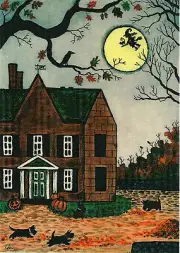 ACEO PRINT OF PAINTING RYTA SCOTTISH TERRIER ART HALLOWEEN Haunted House Witch