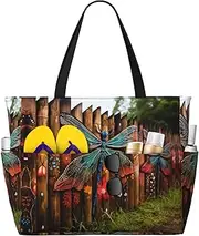 [Ghjkfbf] Dragonfly Fence Print Large Capacity Beach Travel Bag For Family, Beach Tote Bag For Women With Zipper Pockets, Black, One Size