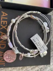 ALEX AND ANI Because I Love You Charm Bangle Bracelet Set Of 3 Silver & Pink NIB