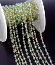 3.5 mm Apatite Gemstone Faceted Rondelle Rosary Beaded Wire Gold Chain 1 Ft