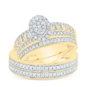 10K Yellow Gold Round & Baguette Diamond Trio Set Oval Matching Rings 3/4 Ct.